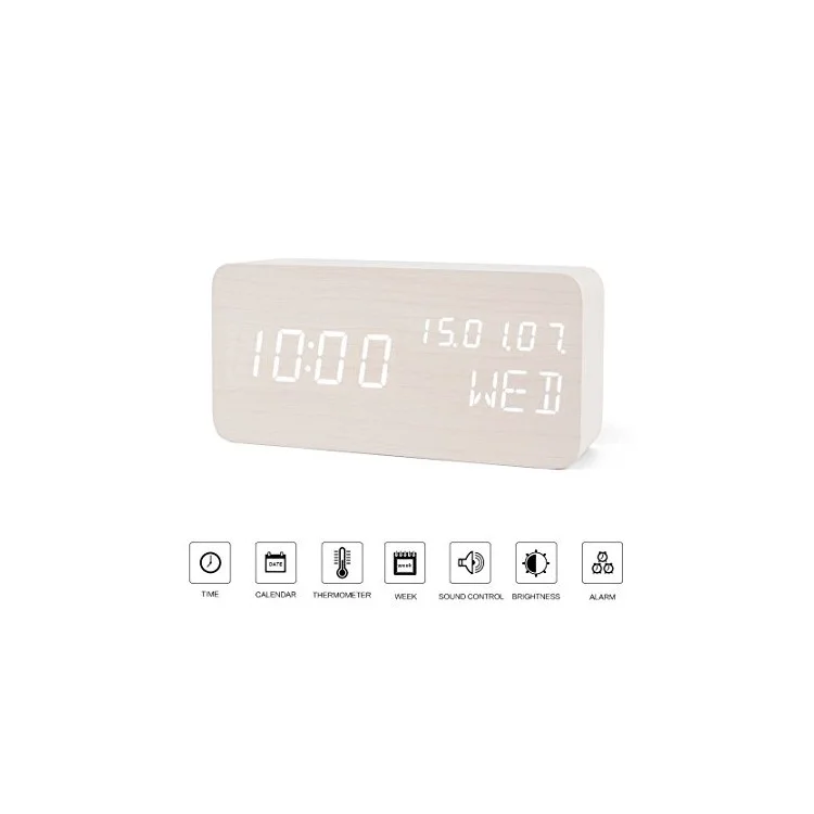 GREEN TIME LED Smart Voice Control Wood Alarm Clock with Calendar Temperature Time Display - White