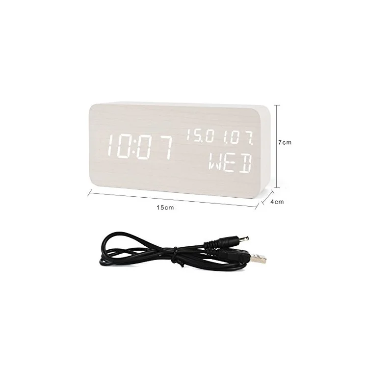 GREEN TIME LED Smart Voice Control Wood Alarm Clock with Calendar Temperature Time Display - White