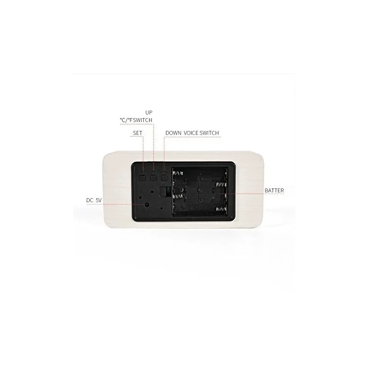 Reloj Despertador de Voz Inteligente GREEN TIME LED con Control de Voz, Madera y Pantalla de Calendario y Temperatura - Blanco