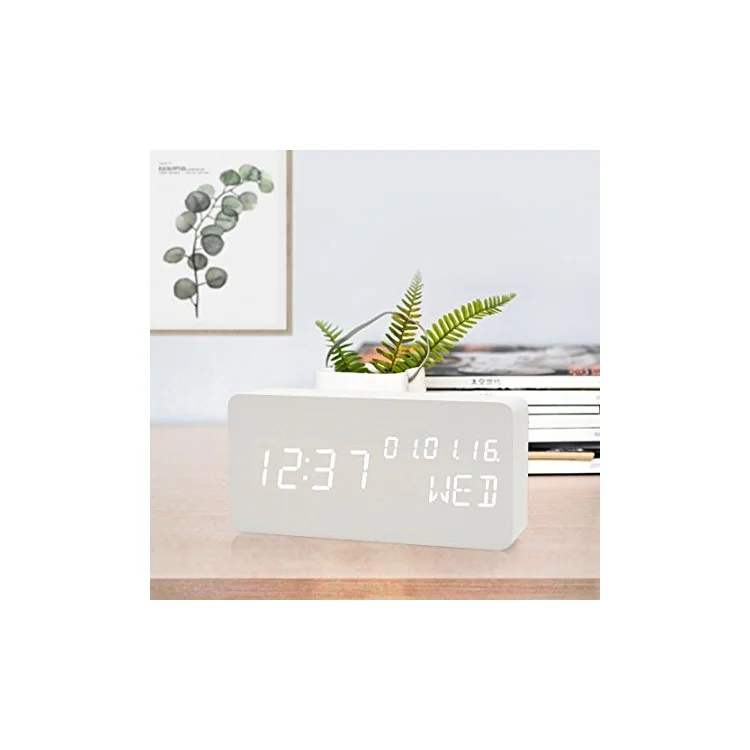 GREEN TIME LED Smart Voice Control Wood Alarm Clock with Calendar Temperature Time Display - White