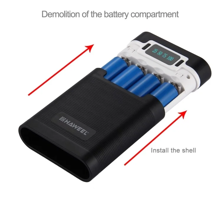 HAWEEL 4 x 18650 Charger Box Power Bank and Battery Charger Box with 2 USB Port and Power Display - Black