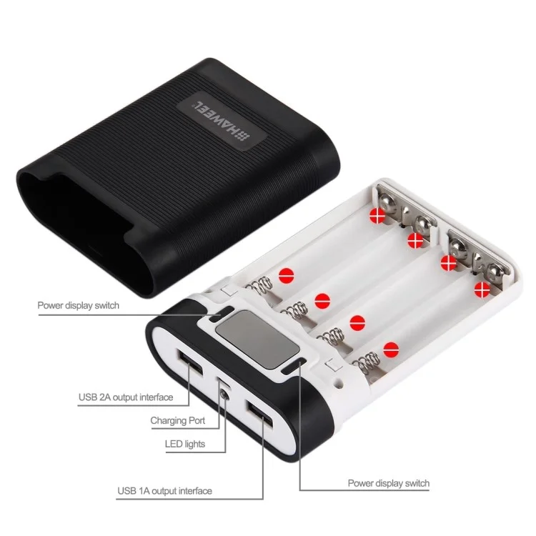 HAWEEL 4 x 18650 Charger Box Power Bank and Battery Charger Box with 2 USB Port and Power Display - Black