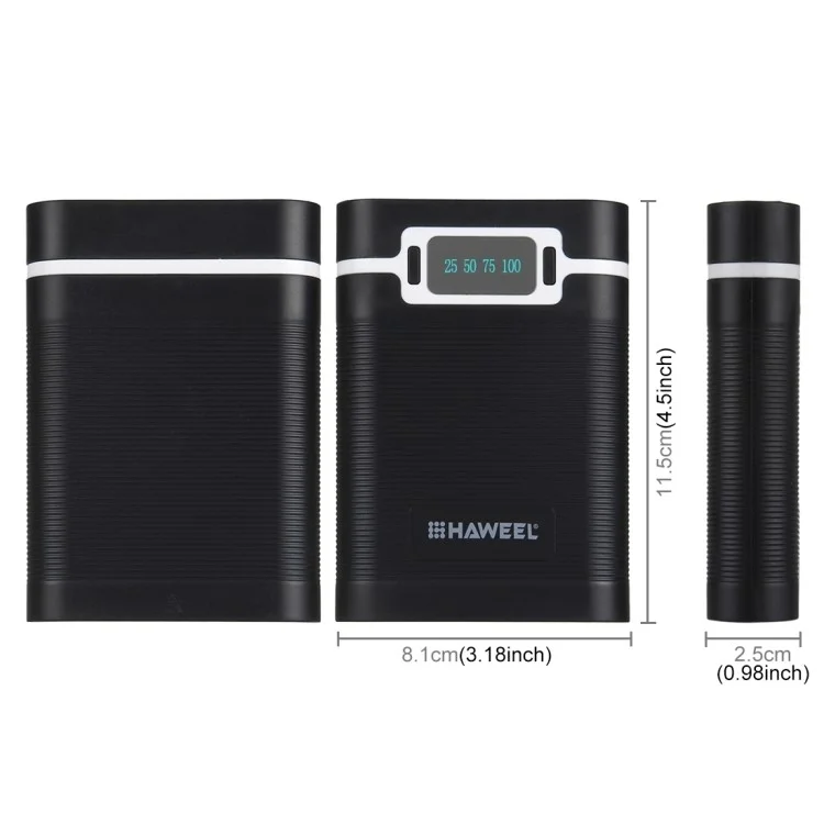 HAWEEL 4 x 18650 Charger Box Power Bank and Battery Charger Box with 2 USB Port and Power Display - Black