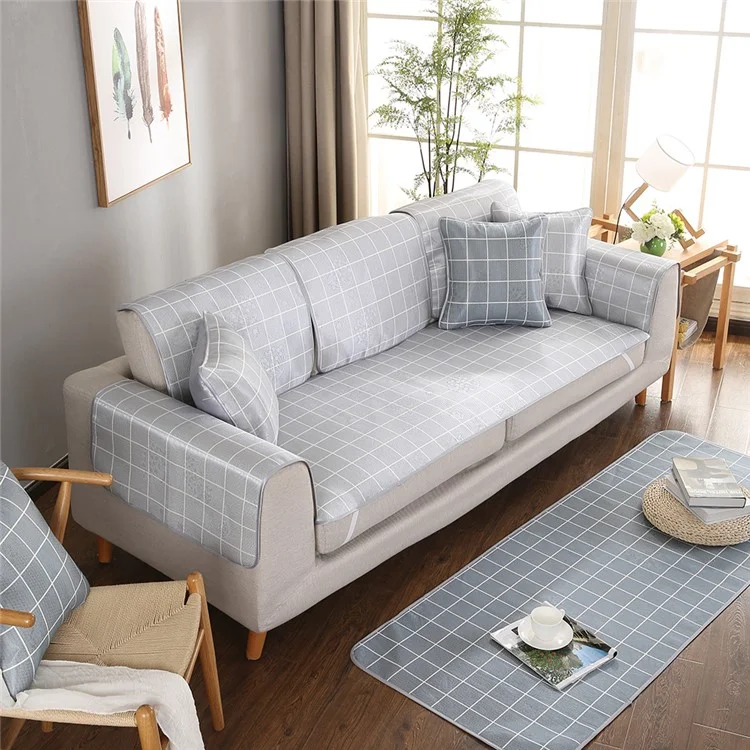 Grid Pattern Summer Ice Silk Sofa Cover Sofa Furniture Protector Sofa Cushioning, Size: 80 x 180cm - Light Grey