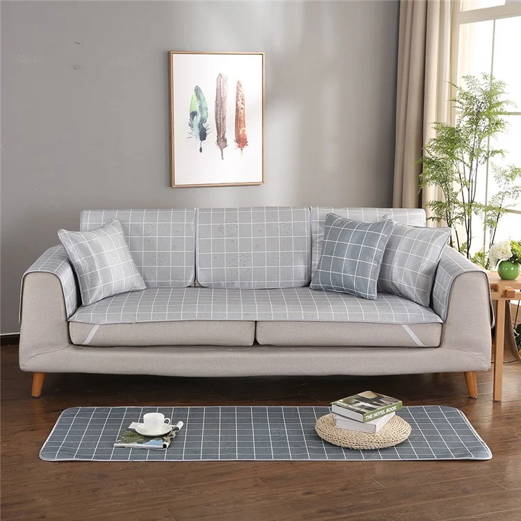 Grid Pattern Ice Silk Sofa Mat Summer Non-slip Sofa Cushion, Size: 80x80cm - Light Gey