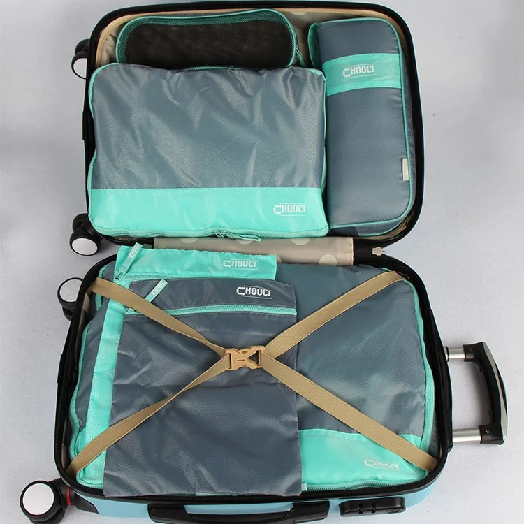 Travel Packing Cubes Storage Bag 7PCS Luggage Organizers Set - Blue / Grey