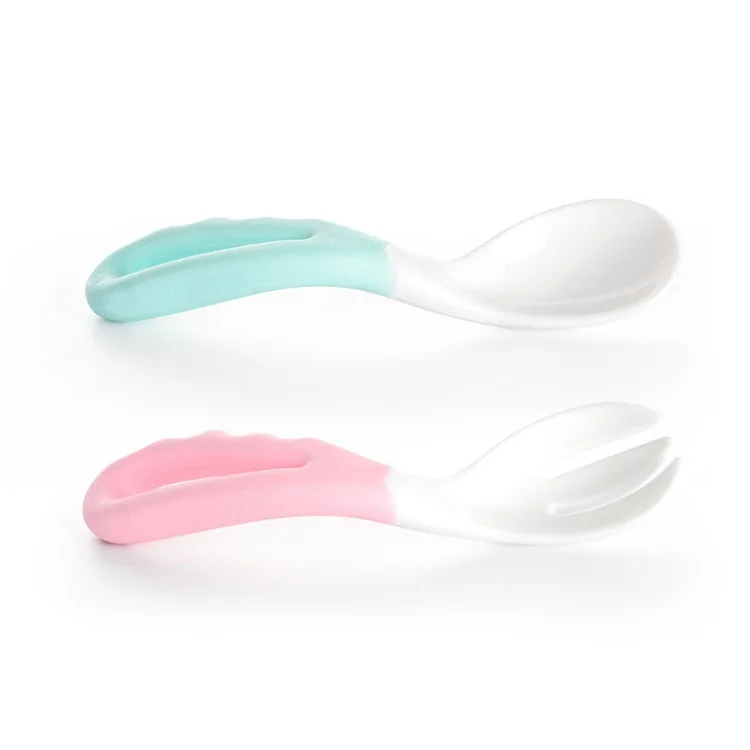 REIZBABY PP Ergonomic Feeding Dessert Fork Spoon Fork Set for Baby Infant - Pink / Blue