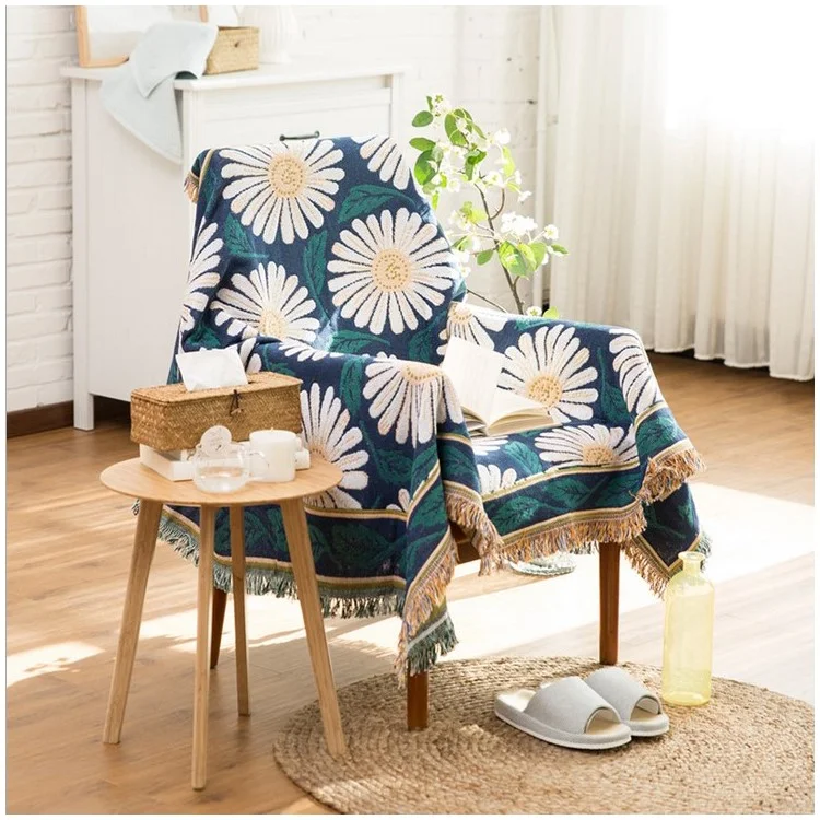 Cotton Double-sided Sofa Towel Slipcover Warm Blanket 130 x 180cm - White Daisy