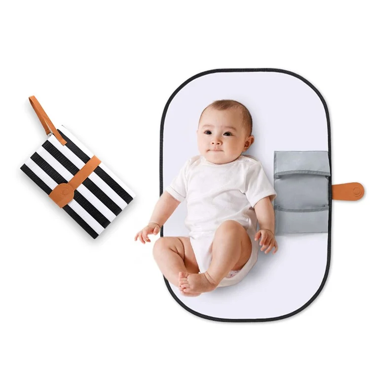 Portable Waterproof Diaper Changing Bag Organizer Mat for Infants with Storage Function - Black  and White Stripes