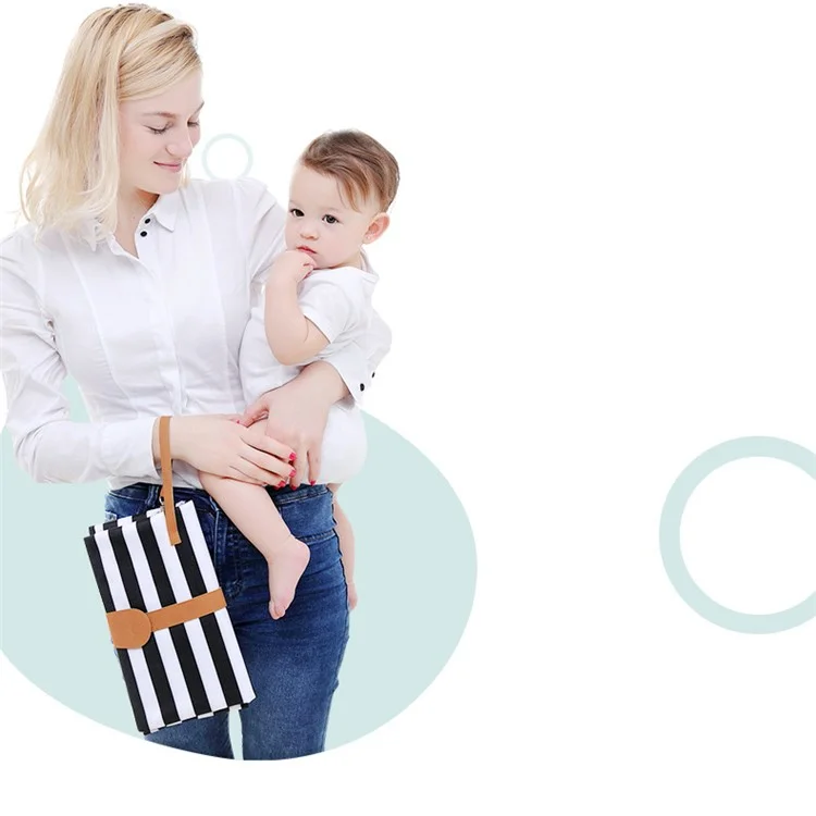 Portable Waterproof Diaper Changing Bag Organizer Mat for Infants with Storage Function - Black  and White Stripes