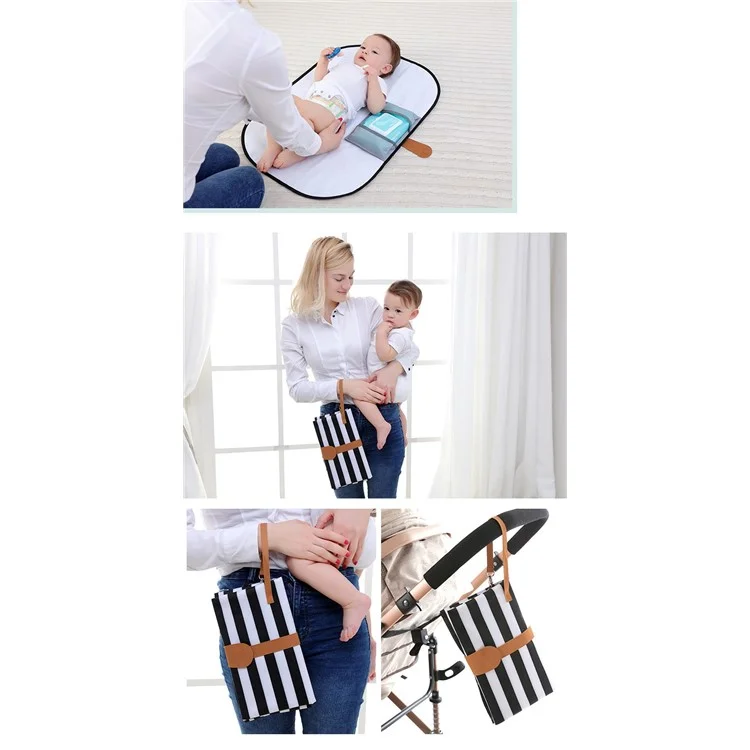 Portable Waterproof Diaper Changing Bag Organizer Mat for Infants with Storage Function - Black  and White Stripes