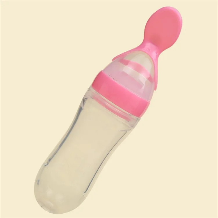 90ml Baby Silicone Squeezing Feeding Spoon Scoop Rice Cereal Food Supplement Feeder - Pink