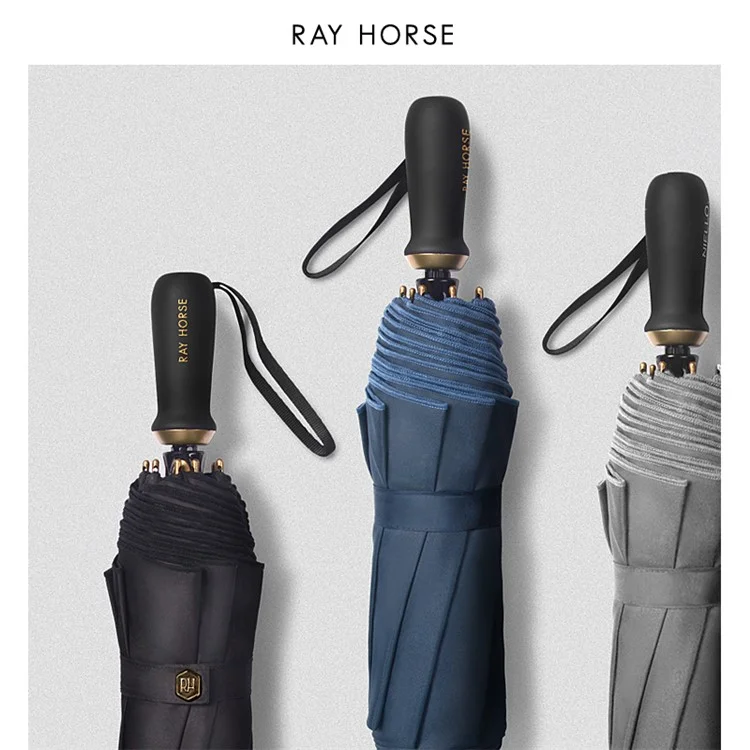 Black - RAY HORSE 10 Ribs Manual Open Folding Business Umbrella Reinforced Wind-proof Sun Protection Umbrella