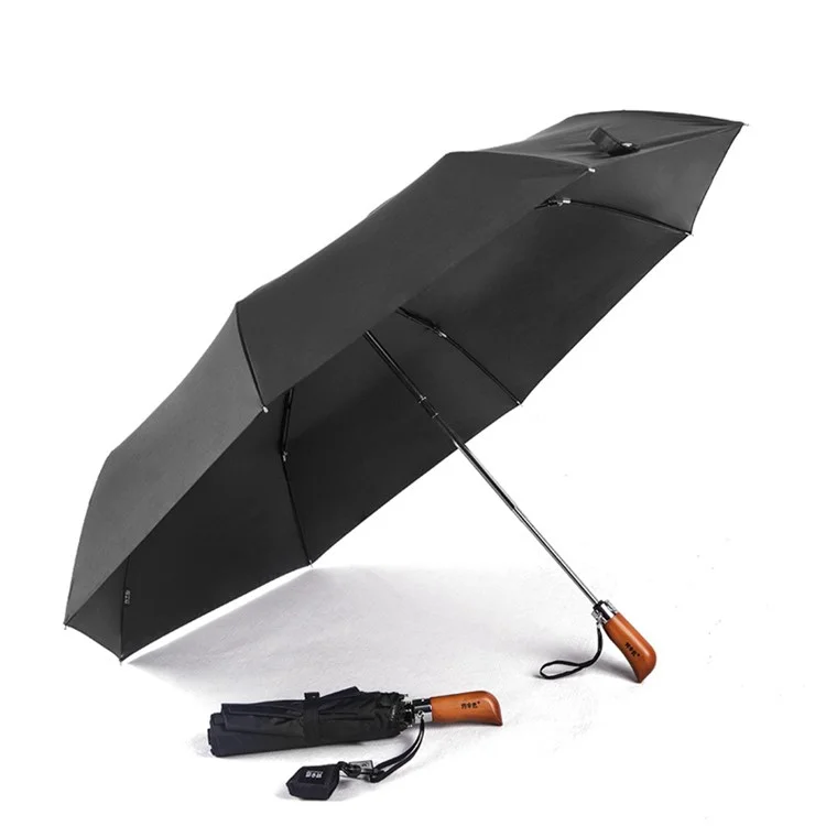 Black - HESANJIANG H7304 Wood Handle Tri-foldedAutomatic UV Protection Waterproof Umbrella