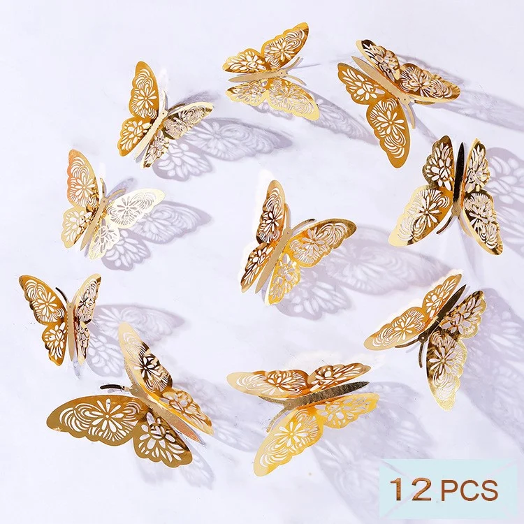 12pcs / Set 3D Creux Creux Papillon Stickers Muraux Simulation Papillon Décorations - Or