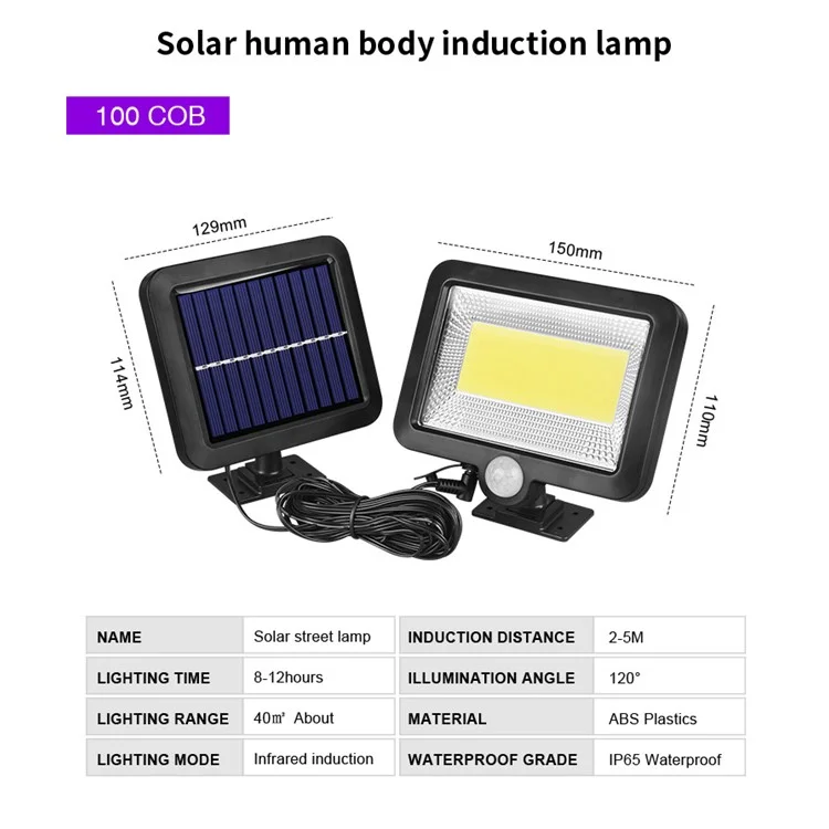 Luz de seguridad nocturna solar de 100 LED COB para exteriores, luz de pared para jardín