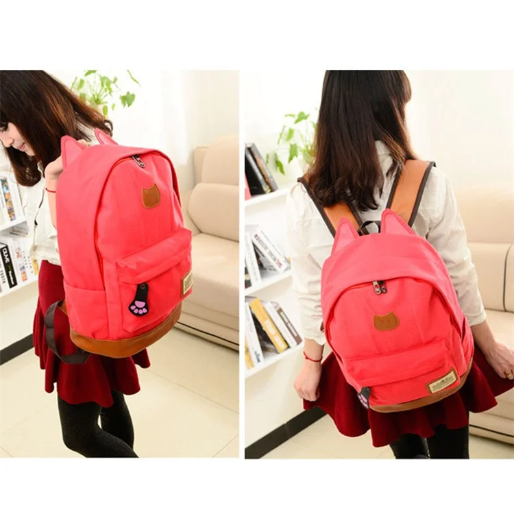 Cute Cat Ears Canvas Knapsack School Bag Laptop Bag - Red