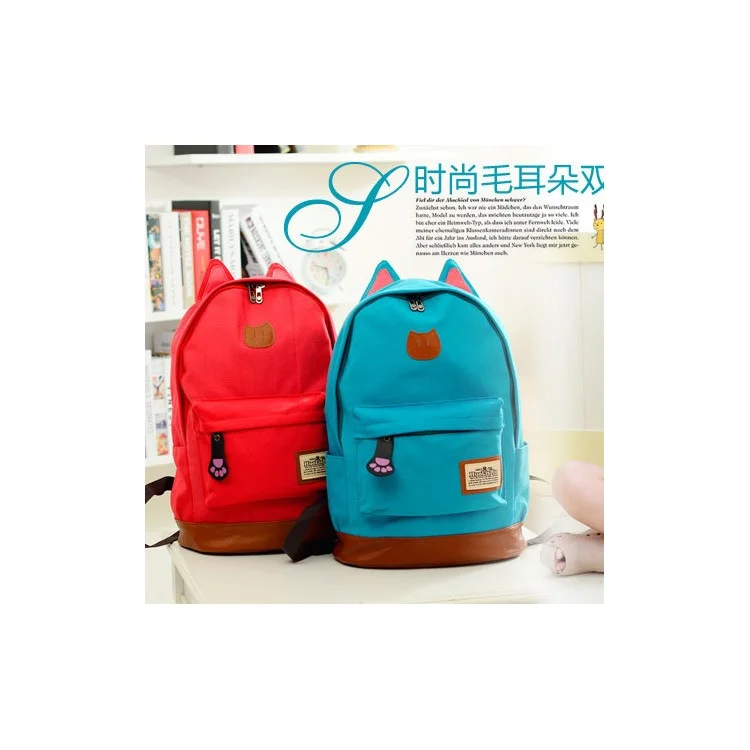 Cute Cat Ears Canvas Knapsack School Bag Laptop Bag - Red