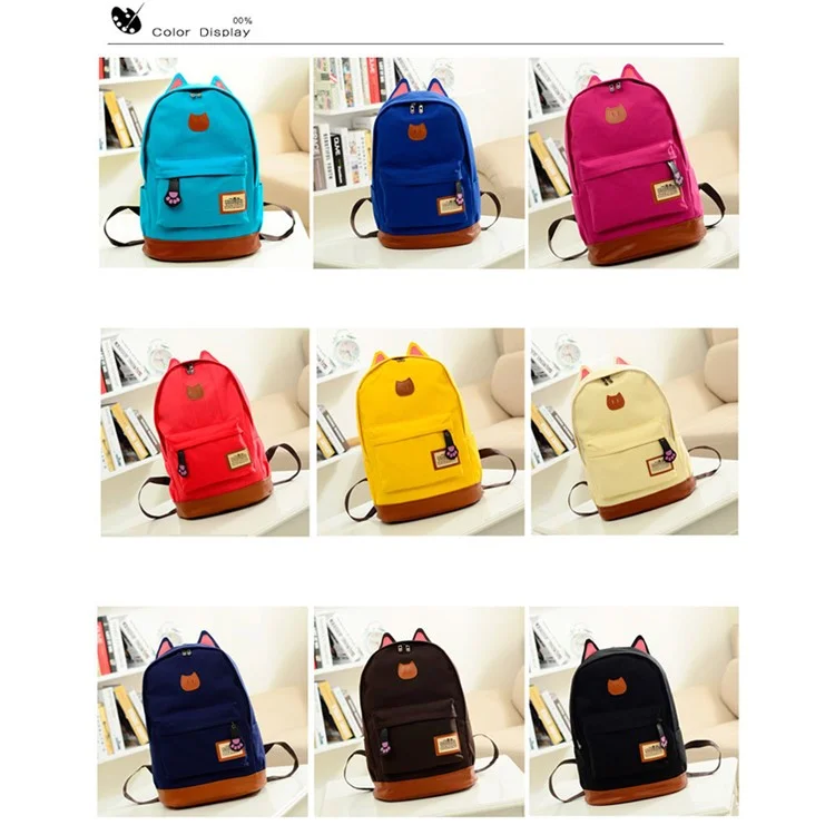 Cute Cat Ears Canvas Knapsack School Bag Laptop Bag - Red