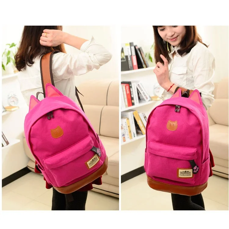 Cute Cat Ears Canvas Backpack School Bag Laptop Bag - Rose