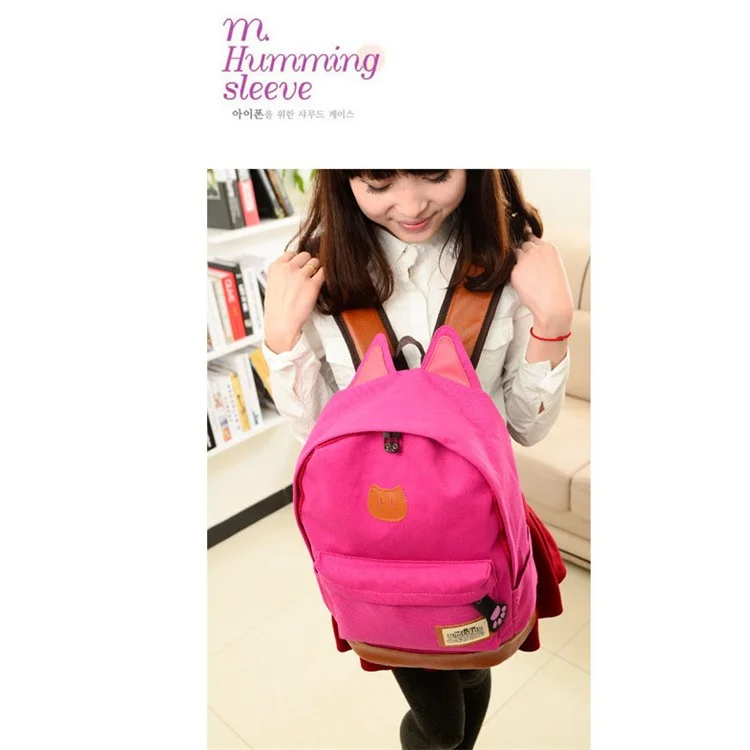 Cute Cat Ears Canvas Backpack School Bag Laptop Bag - Rose