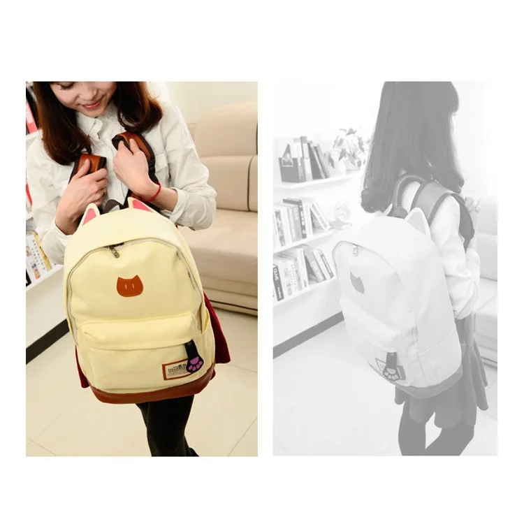 Adorable Cat Ears Canvas Knapsack School Bag Laptop Bag - Beige