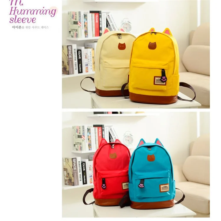 Adorable Cat Ears Canvas Knapsack School Bag Laptop Bag - Beige