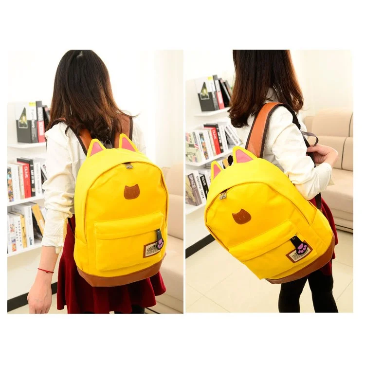 Adorable Cat Ears Canvas Backpack School Bag Laptop Bag - Yellow