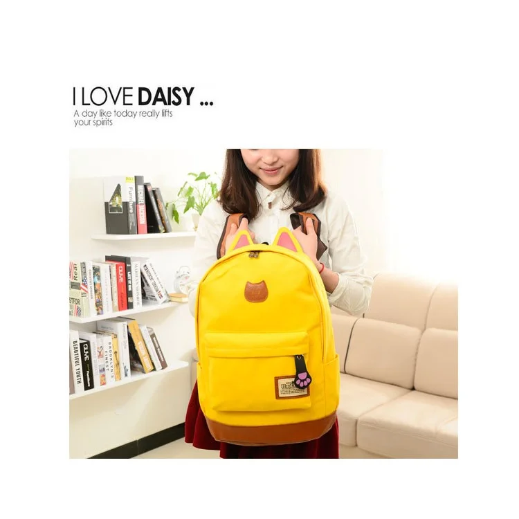 Adorable Cat Ears Canvas Backpack School Bag Laptop Bag - Yellow