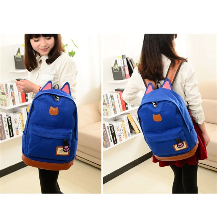 Lovely Cat Ears Canvas Backpack School Bag Laptop Bag - Blue