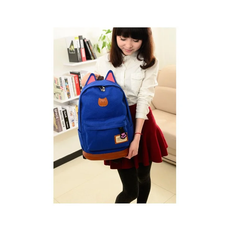 Lovely Cat Ears Canvas Backpack School Bag Laptop Bag - Blue