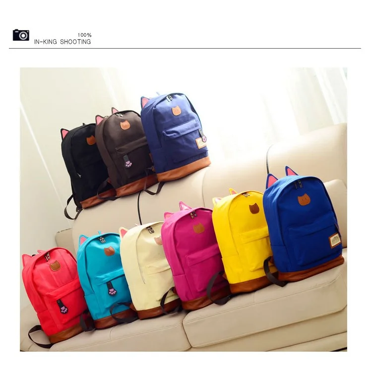 Lovely Cat Ears Canvas Backpack School Bag Laptop Bag - Blue