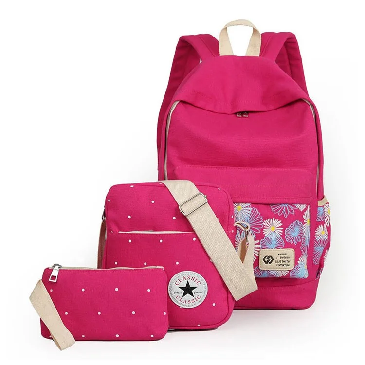 3Pcs/set Fashionable Imprint Flower Canvas Laptop Bag Shoulder Bag School Backpack - Rose
