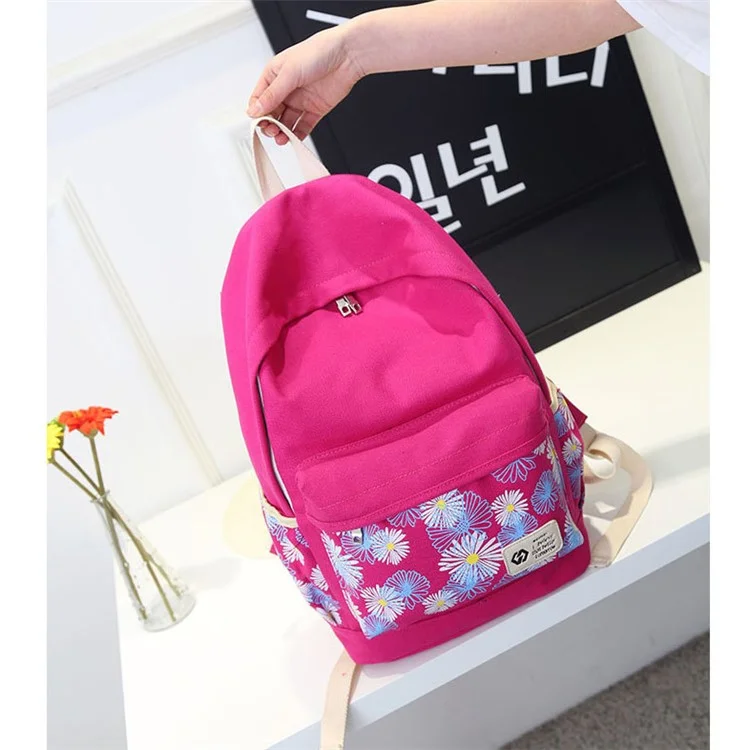3Pcs/set Fashionable Imprint Flower Canvas Laptop Bag Shoulder Bag School Backpack - Rose