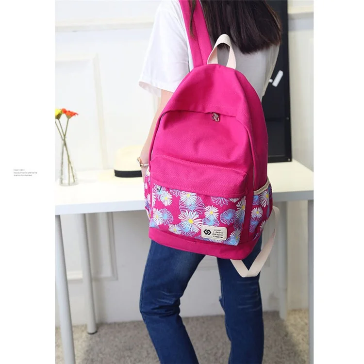 3Pcs/set Fashionable Imprint Flower Canvas Laptop Bag Shoulder Bag School Backpack - Rose