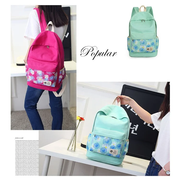 3Pcs/set Fashionable Imprint Flower Canvas Laptop Bag Shoulder Bag School Backpack - Rose