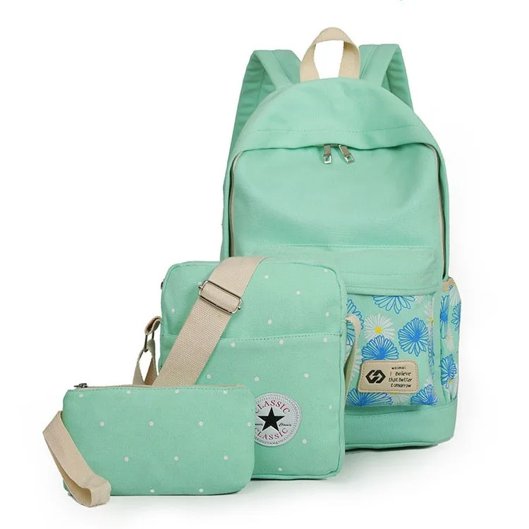 3Pcs/set Fashionable Flower Imprint Canvas Laptop Bag Shoulder Bag School Backpack - Cyan