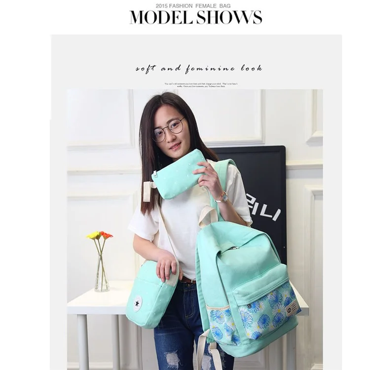 3Pcs/set Fashionable Flower Imprint Canvas Laptop Bag Shoulder Bag School Backpack - Cyan