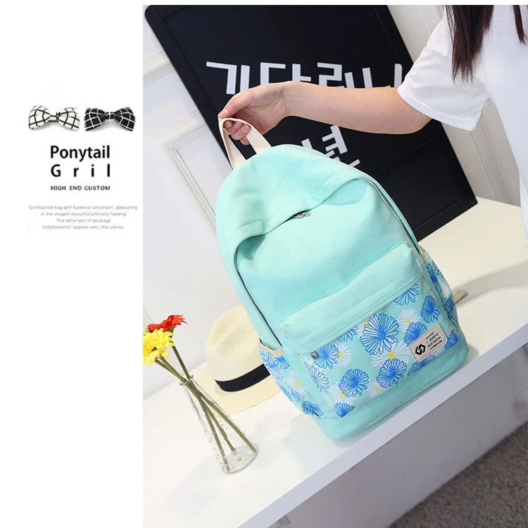 3Pcs/set Fashionable Flower Imprint Canvas Laptop Bag Shoulder Bag School Backpack - Cyan