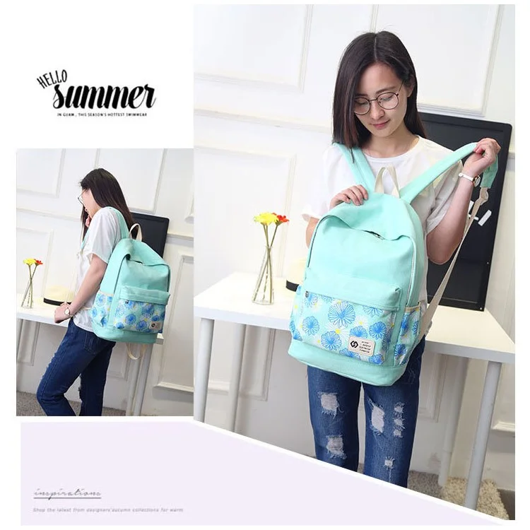 3Pcs/set Fashionable Flower Imprint Canvas Laptop Bag Shoulder Bag School Backpack - Cyan