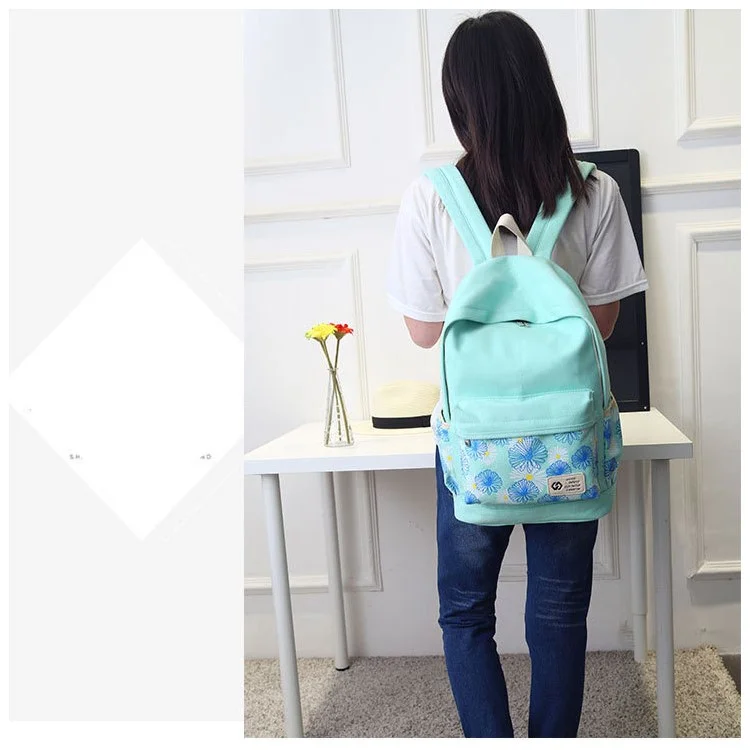 3Pcs/set Fashionable Flower Imprint Canvas Laptop Bag Shoulder Bag School Backpack - Cyan