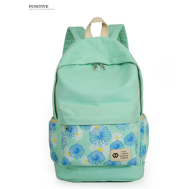 3Pcs/set Fashionable Flower Imprint Canvas Laptop Bag Shoulder Bag School Backpack - Cyan