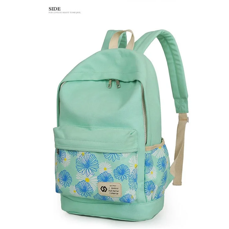 3Pcs/set Fashionable Flower Imprint Canvas Laptop Bag Shoulder Bag School Backpack - Cyan