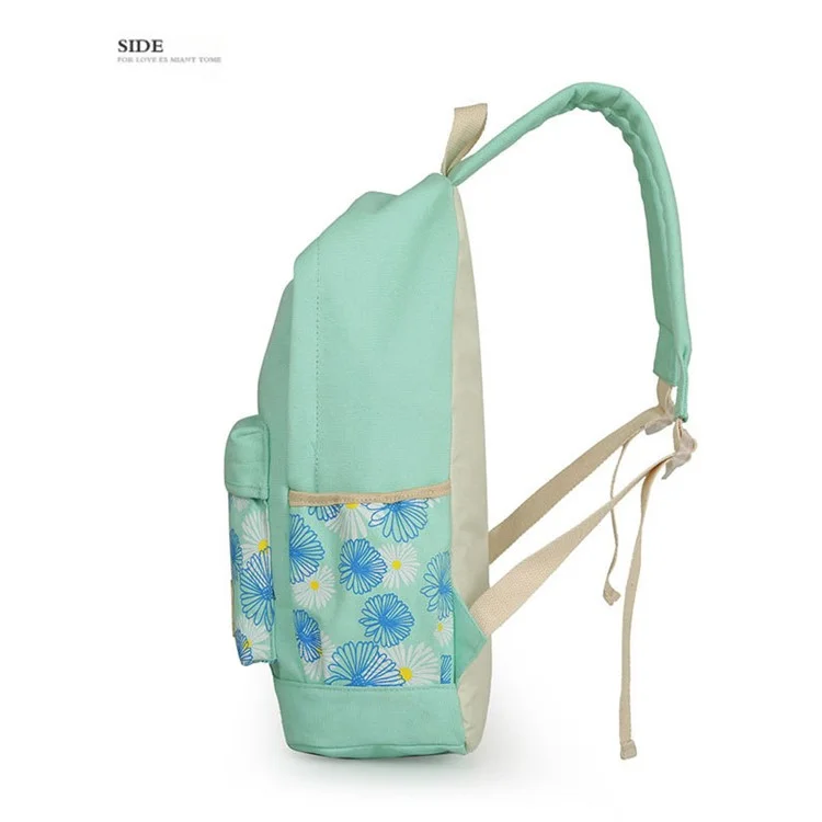3Pcs/set Fashionable Flower Imprint Canvas Laptop Bag Shoulder Bag School Backpack - Cyan