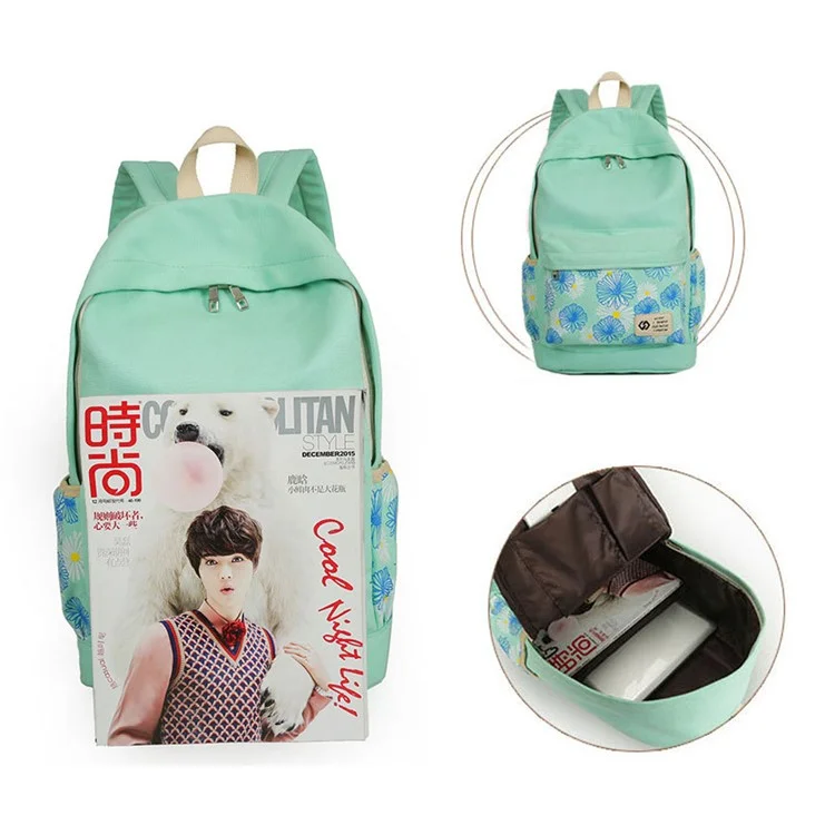 3Pcs/set Fashionable Flower Imprint Canvas Laptop Bag Shoulder Bag School Backpack - Cyan
