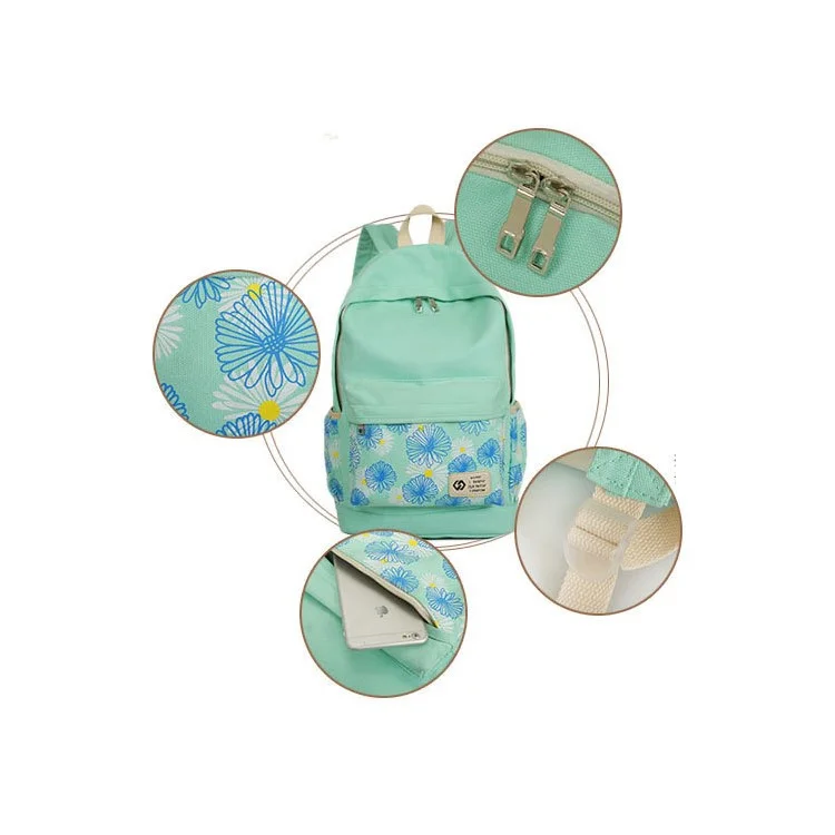 3Pcs/set Fashionable Flower Imprint Canvas Laptop Bag Shoulder Bag School Backpack - Cyan