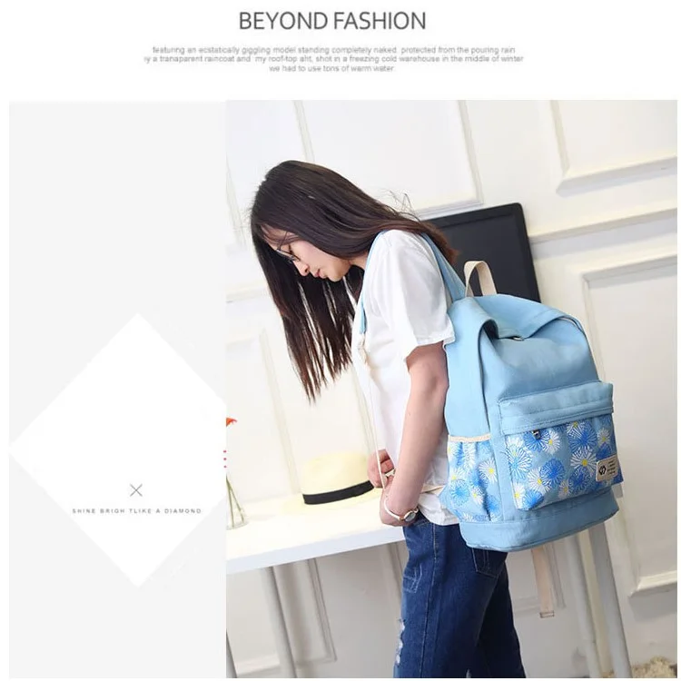 3Pcs/set Fashionable Flower Imprint Canvas Laptop Bag Shoulder Bag School Backpack - Baby Blue