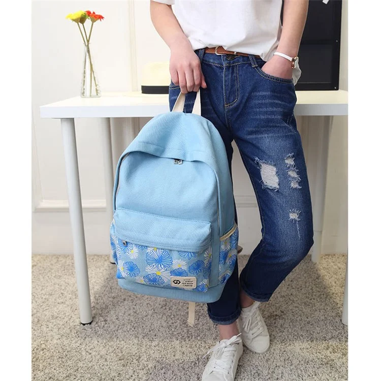 3Pcs/set Fashionable Flower Imprint Canvas Laptop Bag Shoulder Bag School Backpack - Baby Blue