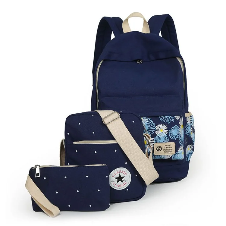 3Pcs/set Fashionable Flower Imprint Canvas Laptop Bag Shoulder Bag School Backpack - Dark Blue