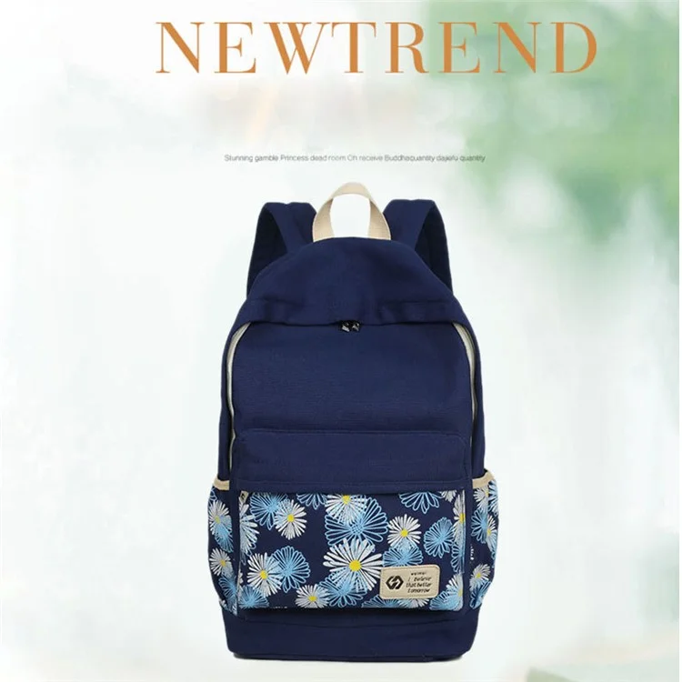 3Pcs/set Fashionable Flower Imprint Canvas Laptop Bag Shoulder Bag School Backpack - Dark Blue